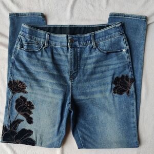 Chico's Jeans 1.5R (US 10) Velvet Dark Floral Patches Tattoo Stretch Elastic